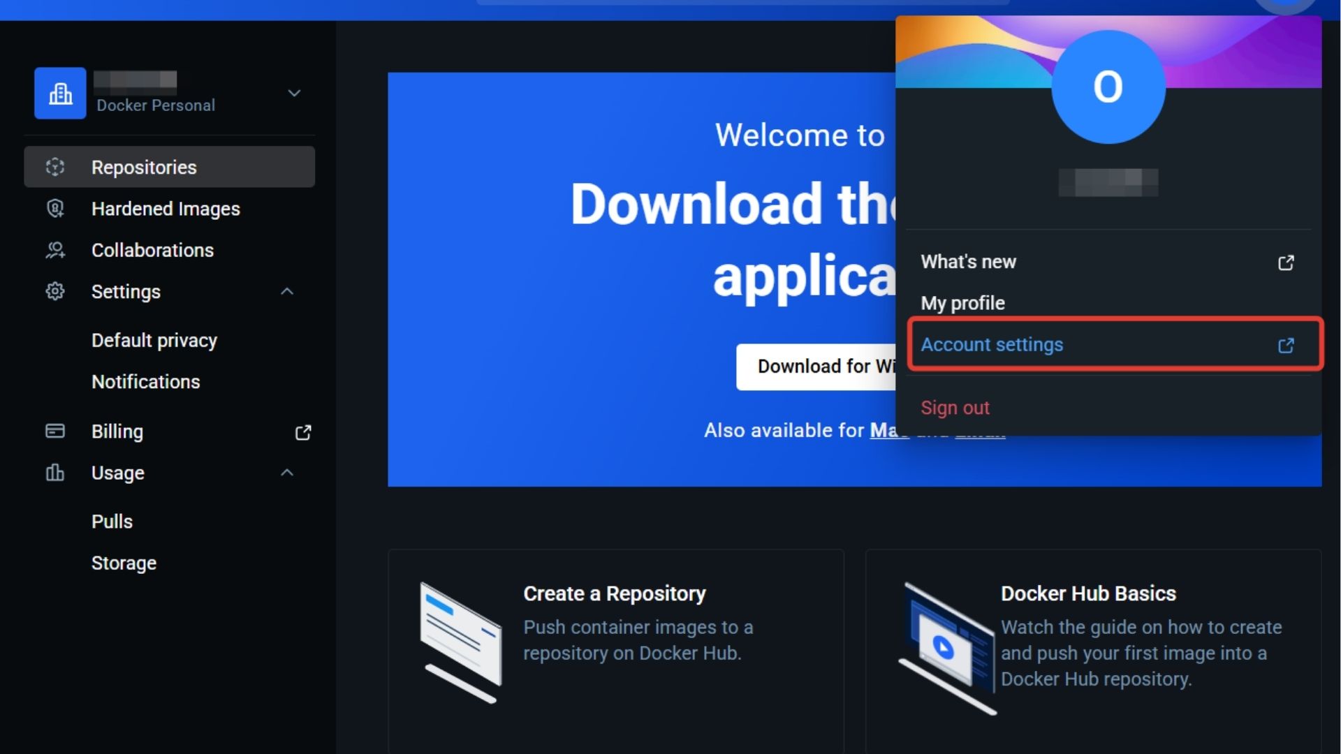 Экран настроек аккаунта Docker Hub